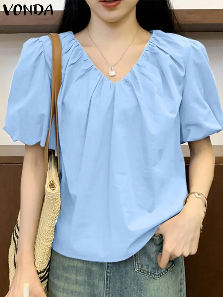 VONDA Women Summer Top 2024 Fashion Blouse Sexy V Neck Casual Pleated Short Puff Sleeve Solid Color Blusas Femininas Loose Shirt