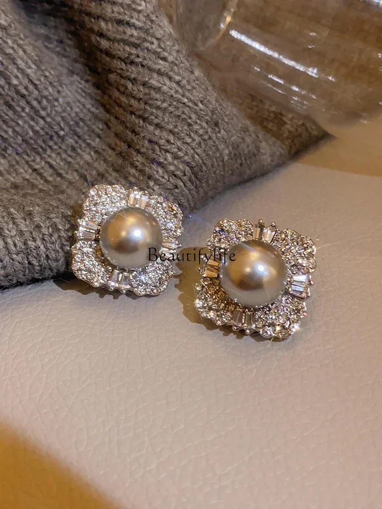 Rhinestone Gray Pearl Earrings 2024 New Popular Niche Unique Earrings