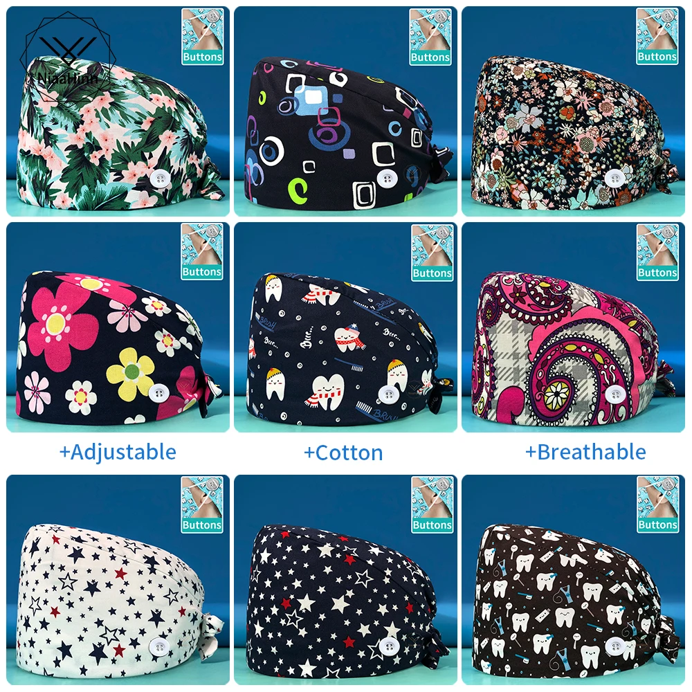 通気性医キャップ女性医療ナースキャップペット病院外科医キャップ美容サロンシェフスクラブキャップ漫画プリントworkcap新