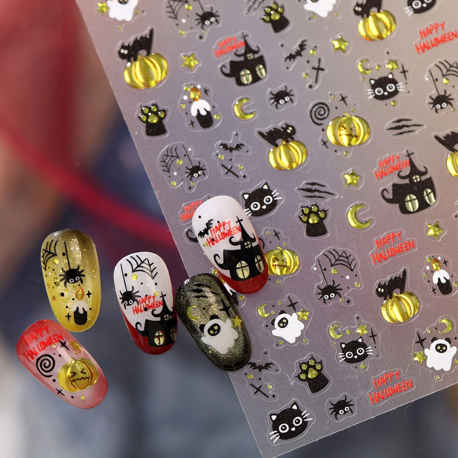 Luxuriöse Gothic Halloween 5D Schwarz-Gold Vintage Altes Schloss Jack-o'-Lantern Kätzchen Phantom Spinnennetz Halbmond Nagelkunst-Aufkleber Gruselig