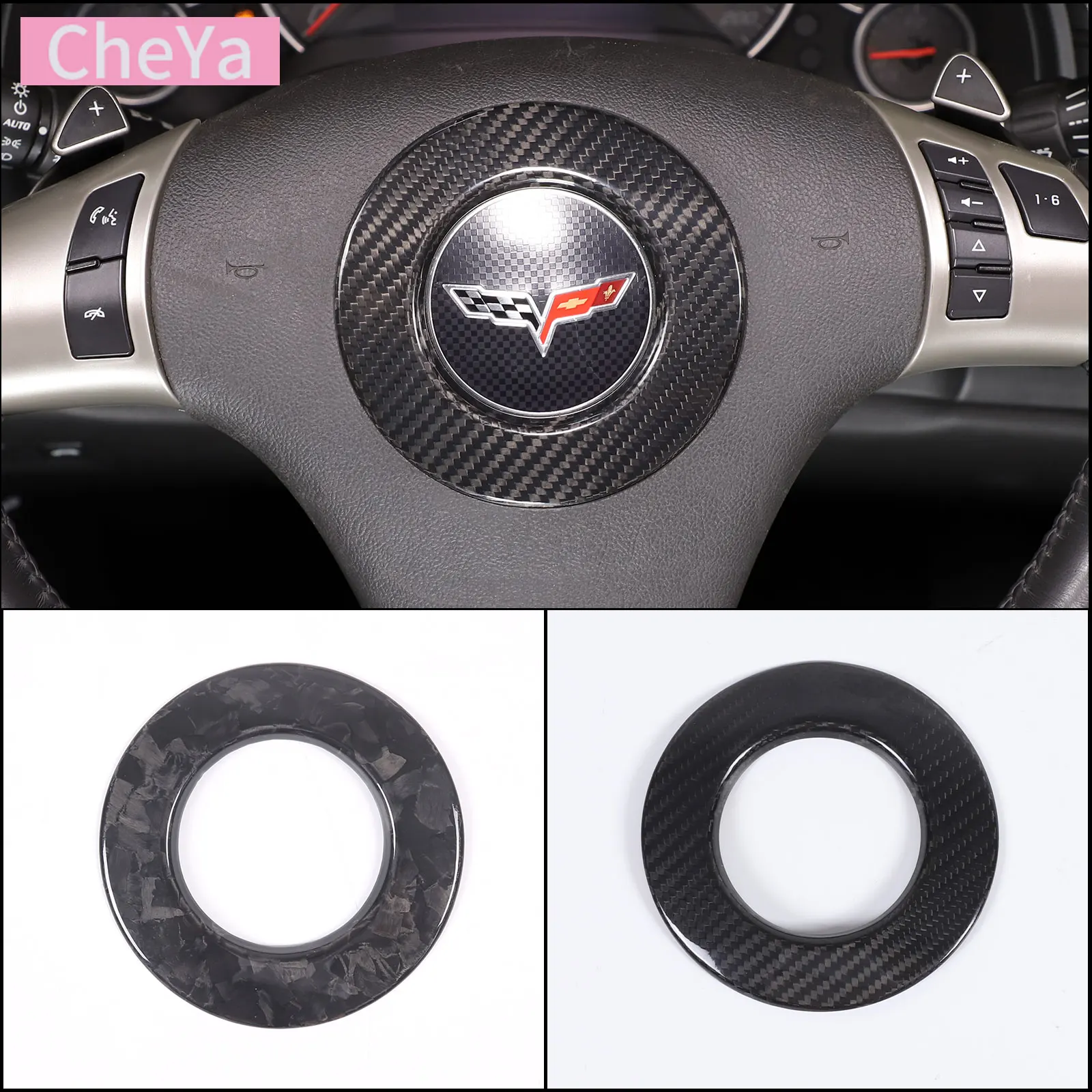 

cheya Real Carbon Fiber Car Steering Sheel Logo Decorative Cover for Chevrolet Corvette C6 2005-2013 Interior Accessories