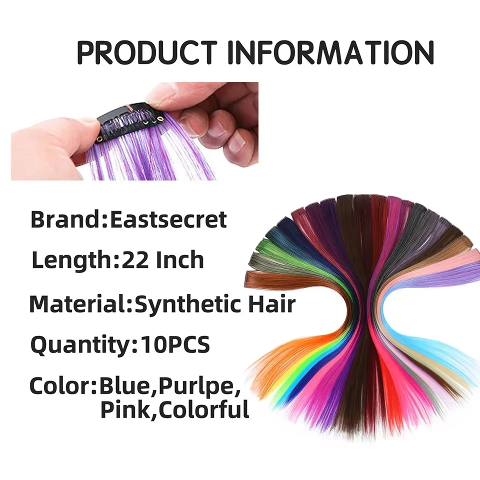 22 Inch Colored Highlight Synthetic Hair Extensions Rainbow Long Straight Hairpieces for Women Kids Girls Purple Pink Blue