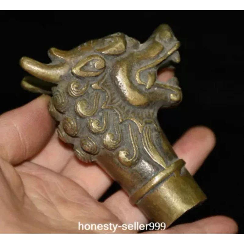 Old Dynasty Bronze Fengshui Zodiac Dragon Head Walking Stick Crutch Head Statue