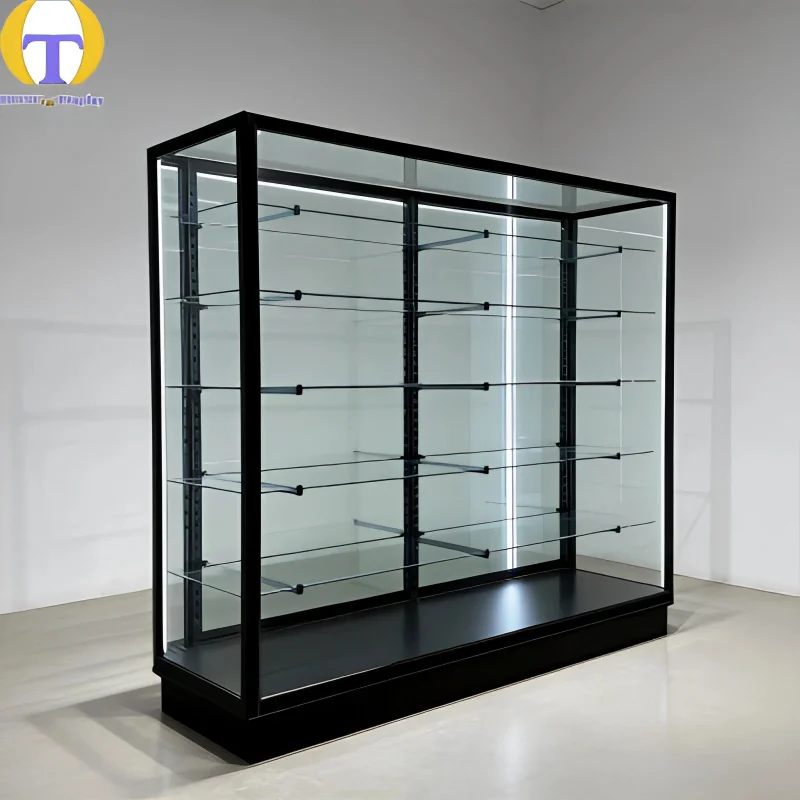 custom.Modern Tempered Glass Smoke Jewelry Display LED Lighting Sliding Multi-Category Retail Use-Durable Eco-Friendl