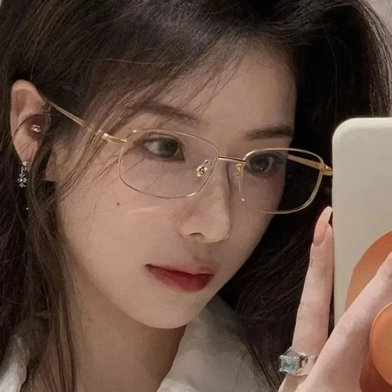 Y2K Harajuku Small Square Frame Glasses Women Retro Metal Anti-Blue Light Eyeglasses Clear Spectacle Decorative Eyewear