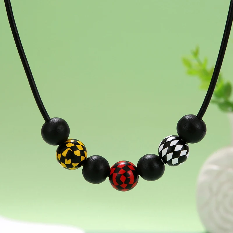 Vintage Wooden Beaded Plaid Printing Wood Beads Pendant Choker Necklace for Women Party Jewelry Gifts