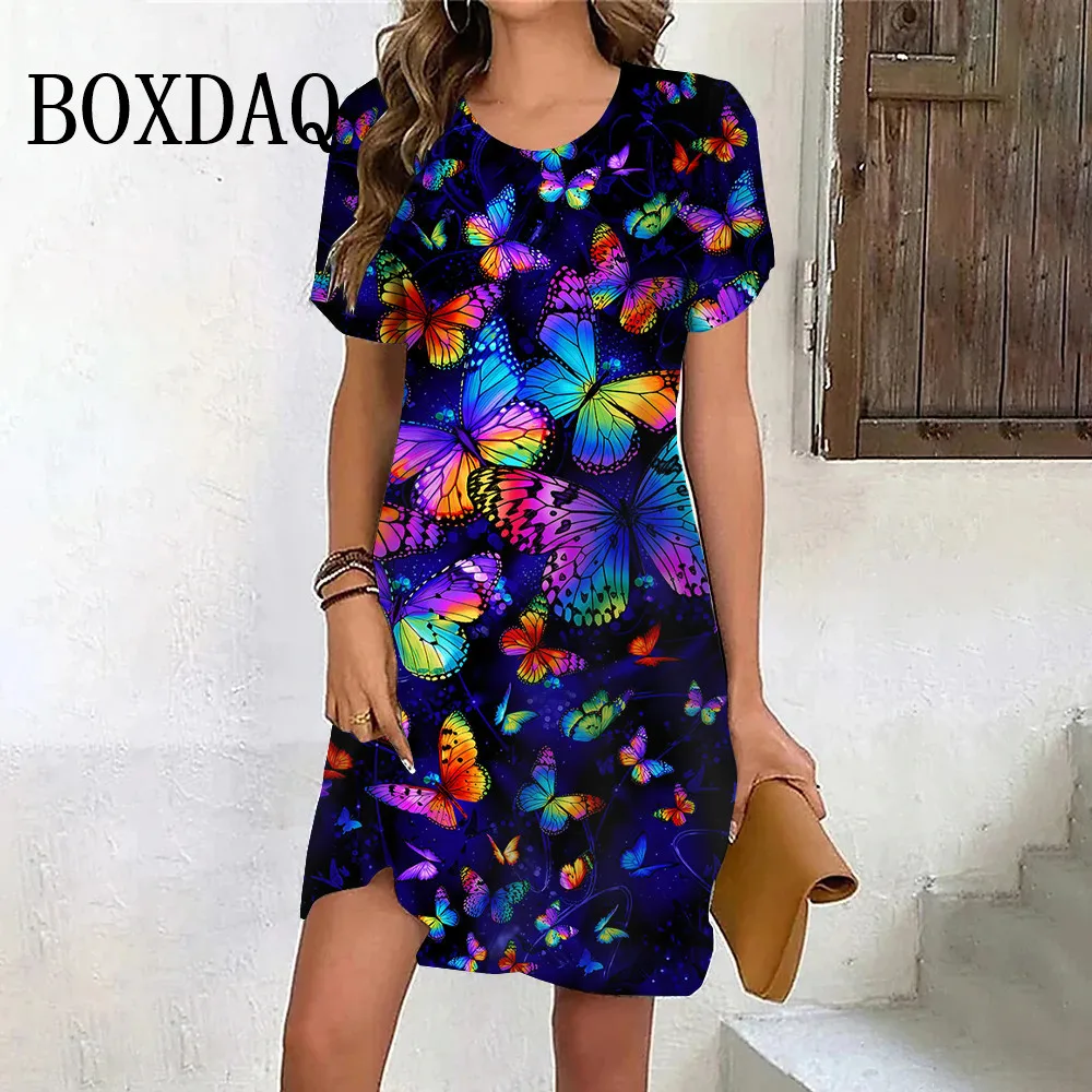 Damska sukienka z krótkim rękawem z nadrukiem motyla 3D Casual Sweet Fashion Round Neck Loose Summer Clothes Loose Sundress Ladies Vestido