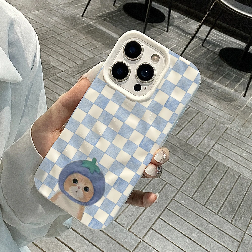 Modisches kariertes Handyhülle mit süßem Katzenmuster für iPhone 17 16 15 14 13 12 11 Pro Max 14 Plus 17Air, weiche Silikonhülle mit Falten-Wellen-Design – Detail 4