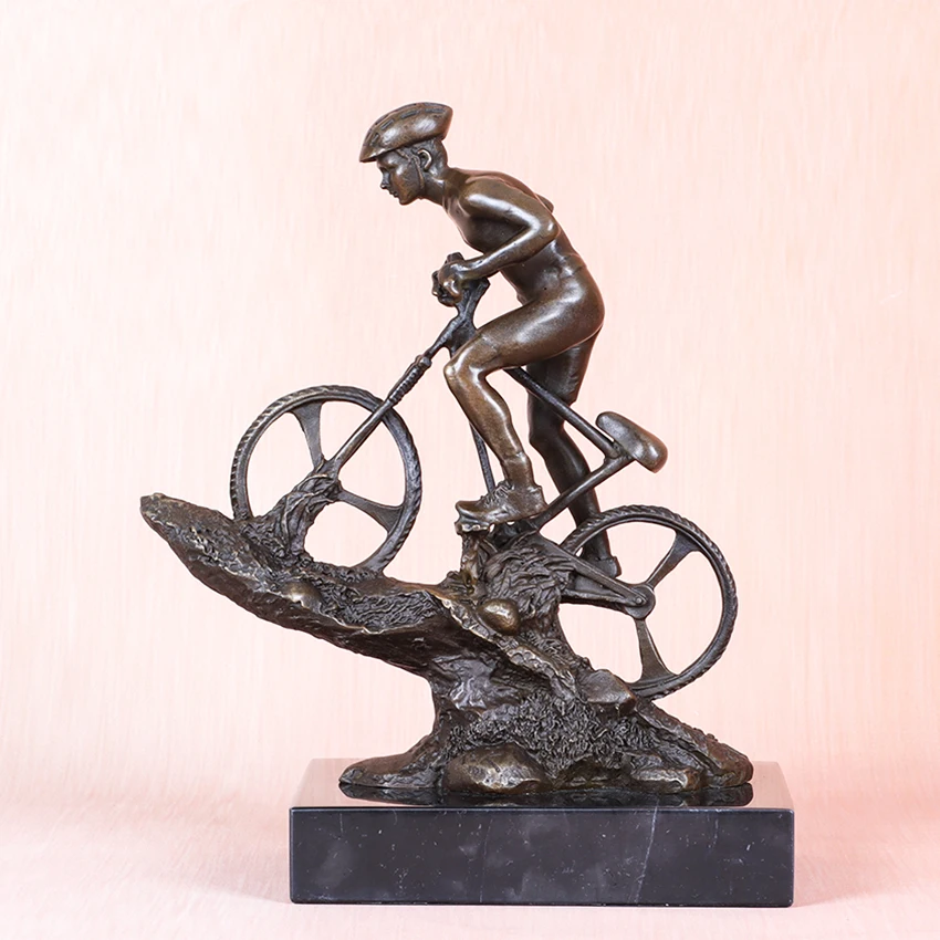 Man Riding Mountain Bike Bronze Sculpture Male Cyclist Statue Sport Figurine Art Home Desk Decor Gifts