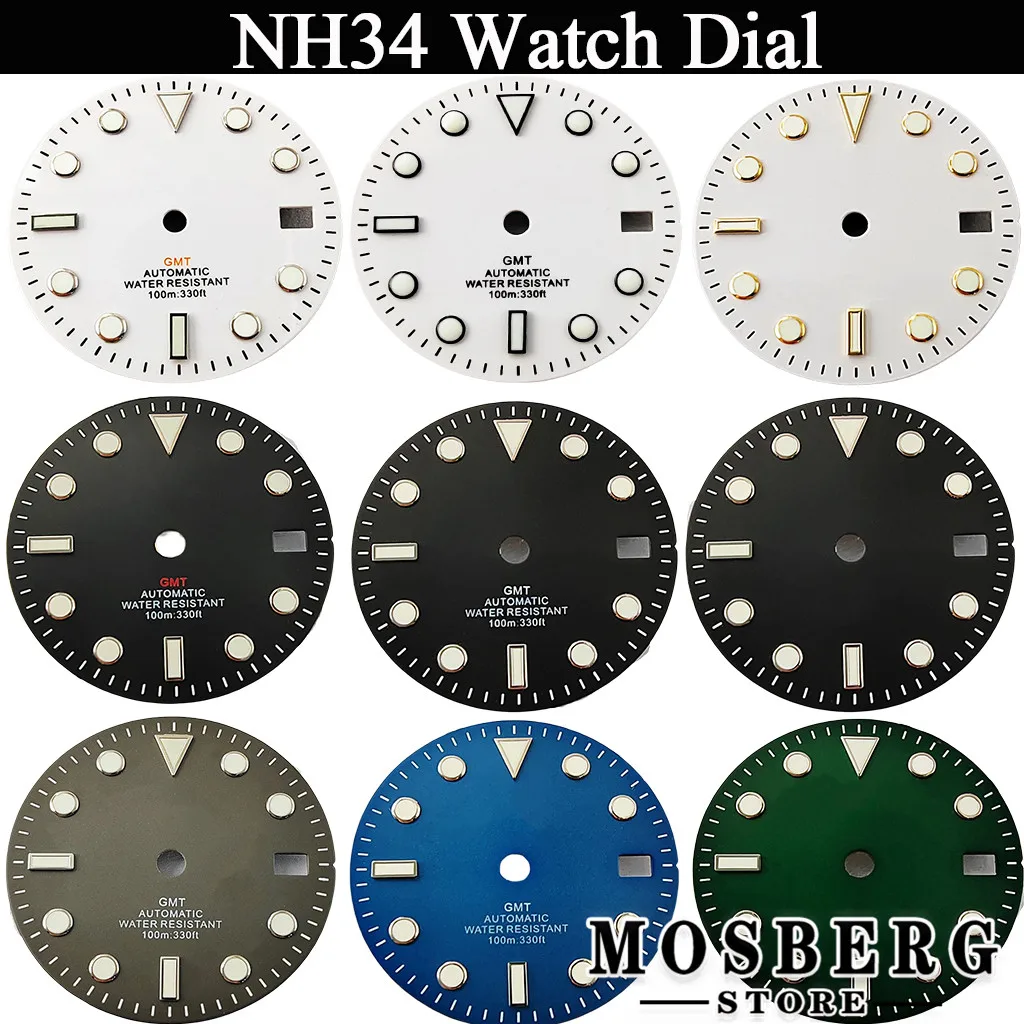 Custom Logo NH34 Black 29mm Sterile Watch Dial With Date Windows Green Luminous Fit NH34 NH35 Automatic Movement Accessories