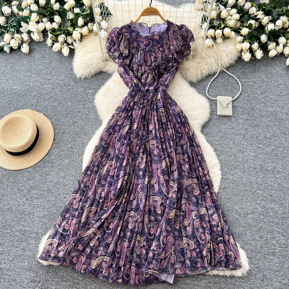 

Women Dresses Print Dress Zipper Ruffle Hem Half High Collar Short Sleeves Ankle Length Empire Waist Casual 2026 Spring Summer
