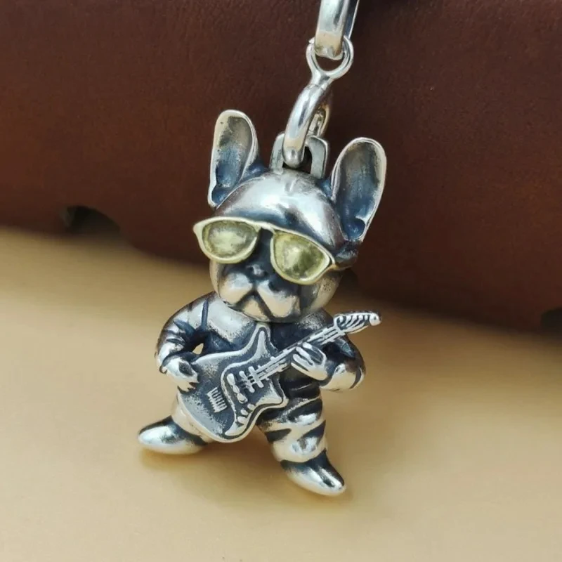 

NEW S925 Sterling Silver Retro Personalized Creative Guitar Puppy Pendant Male Female Gift