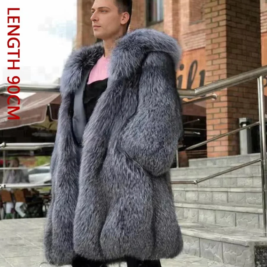 

Men's Winter Jackets Real Silver Fox Fur Coat Mid-Length Best Selling Warm Mens Fox Fur Jacket