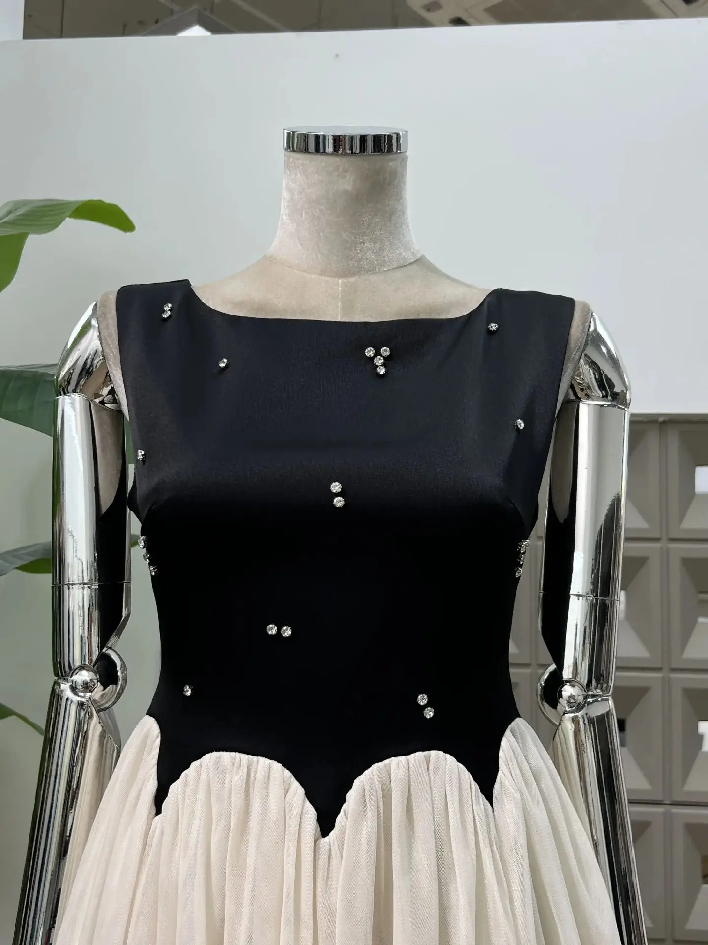 Neue Vintage-Midikleider für Damen, Farbblock-Mesh, ärmellos, quadratischer Ausschnitt, Strass, Party, formelles Abendkleid, Abschlussball, elegantes Kleid