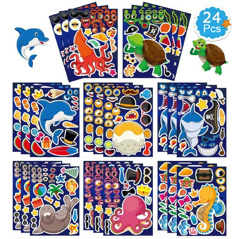 24 Sheets/Set Cartoon Marine Animals Stickers DIY Handmade Crafts Make A Face Yourself Changing Face Sticker Decoration