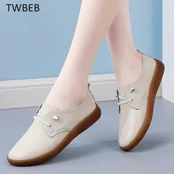 Spring New Soft Bottom White Leather Slip-On Anti-Slip Mom Shoes Casual Leather Flat Shoes