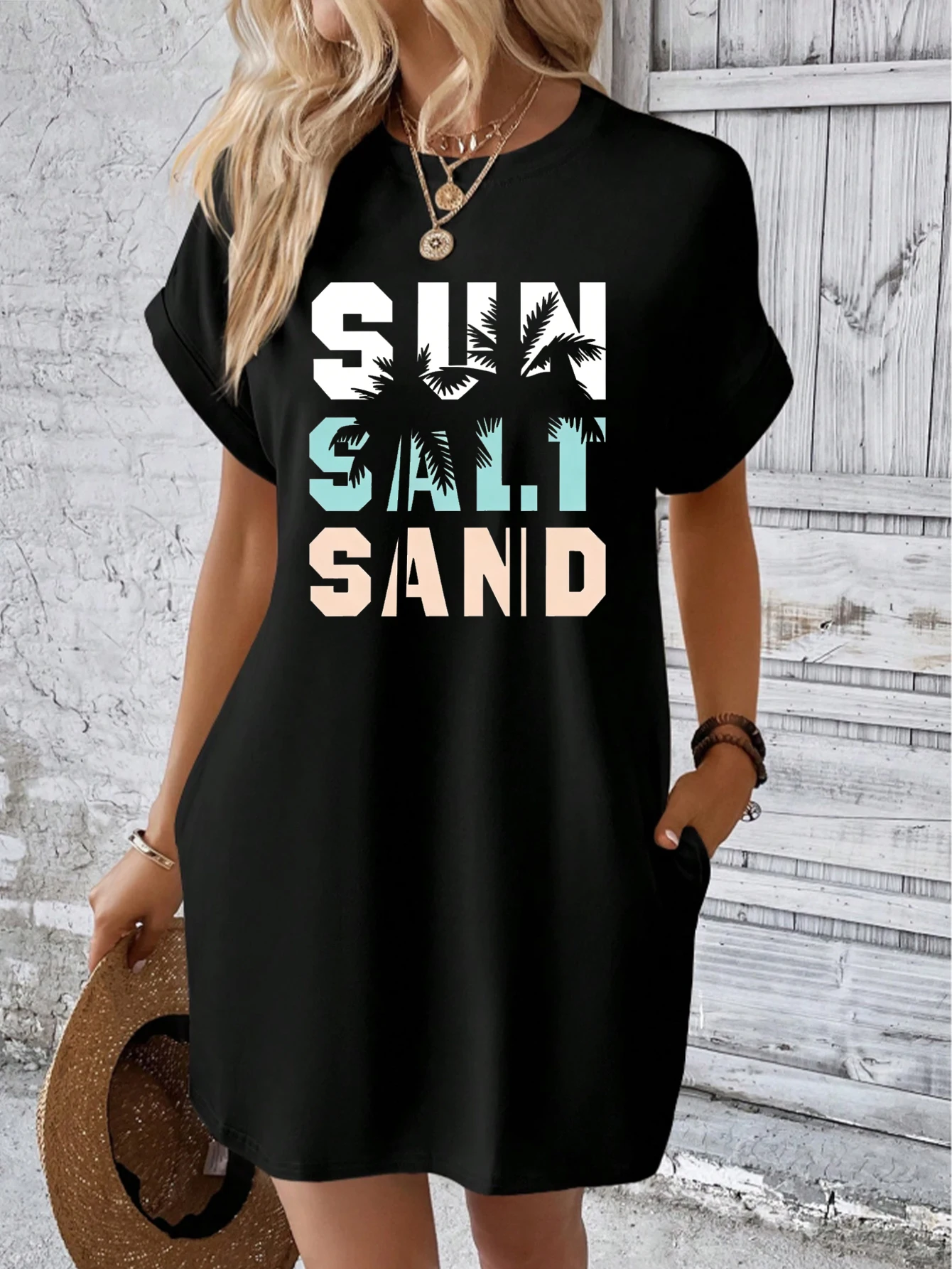 

Women's summer black dress with creative letter prints, built-in pockets, casual for shopping