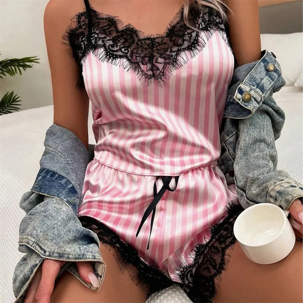 Two Piece Women\'s V-Neck Sexy Lace Suspender Pajama Shorts Set Casual Women\'s Sleeveless Sexy Pajama Set