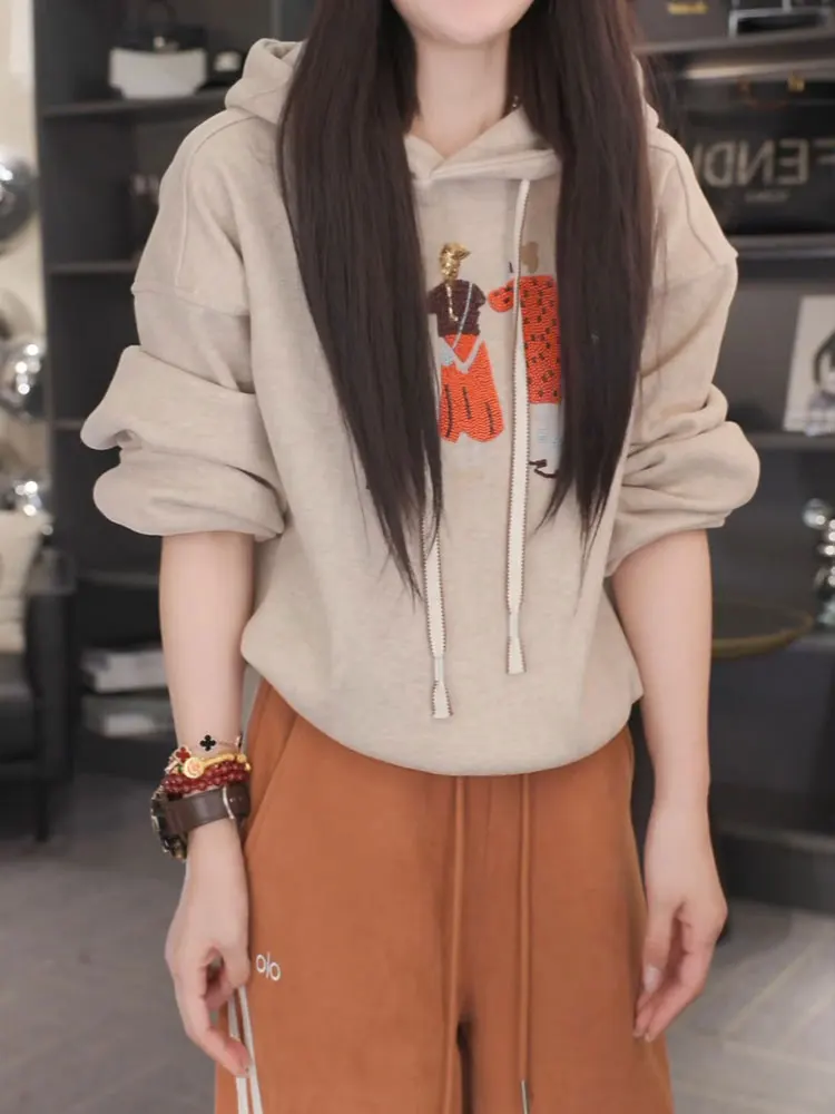 

Новая улучшенная женская толстовка с узором 2026 года: свободный крой, стройнящий эффект, модный дизайн, удобная повседневная модель в корейском стиле, с длинными рукавами