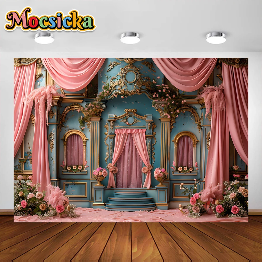 Retro Theater Photography Backgrounds Pink Curtain Castle Party Decora Supplies Cake Crush Baby Shower Backdrop Studio Props