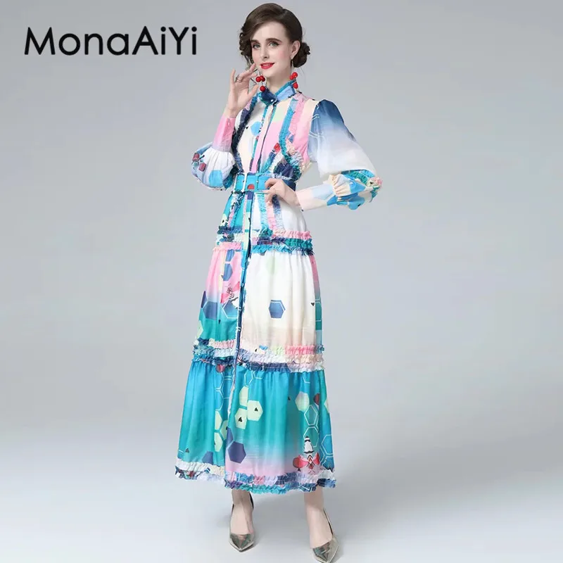 

MonaAiYi Autumn Women's Dress Stand Collar Long Sleeved Lace-Up Single-Breasted Edible Tree Fungus Edge Print Ball Gown Dresses