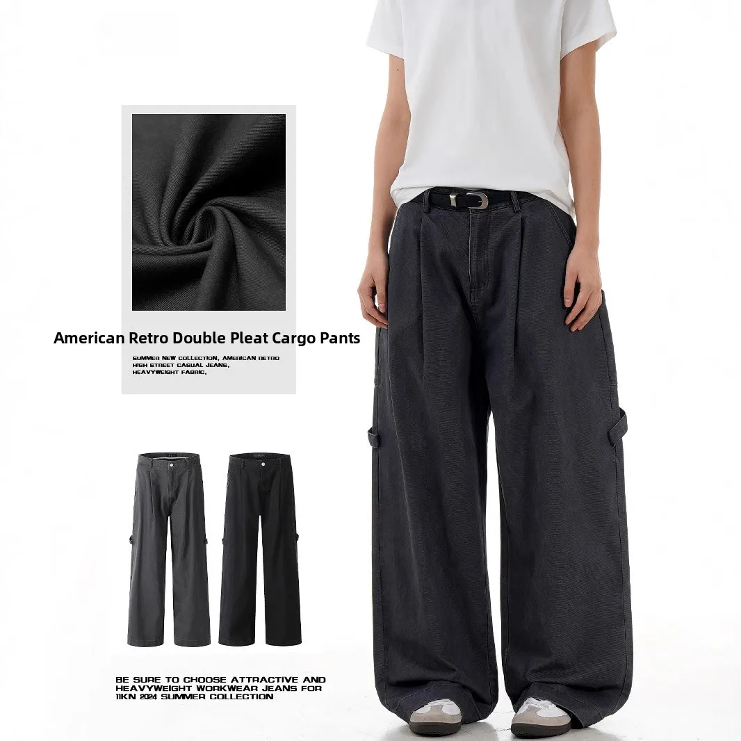 

Bla Straight Leg Casual Pants Men's Faion Brand Double Pleat Multi ket Workwear High Street Haome Cotton Blend