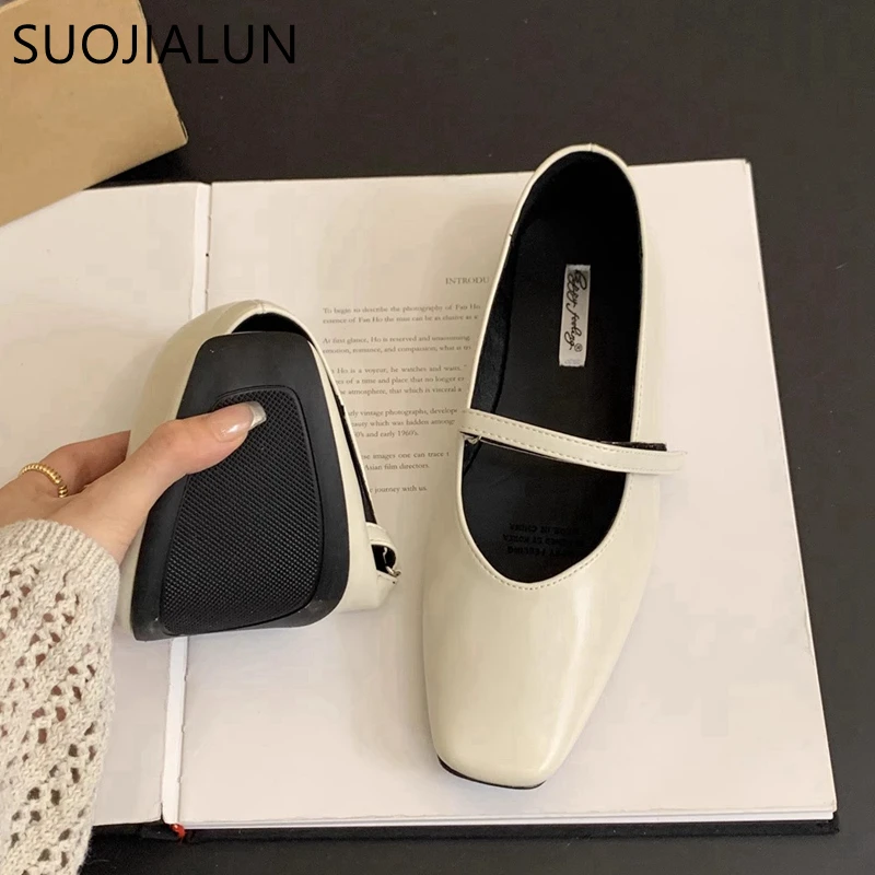 SUOJIALUN 2024 Autumn Women Flat Shoes Fashion Shallow Ladies Mary Jane Shoes Square Toe Soft Flat Heel Outdoor Casual Ballerina