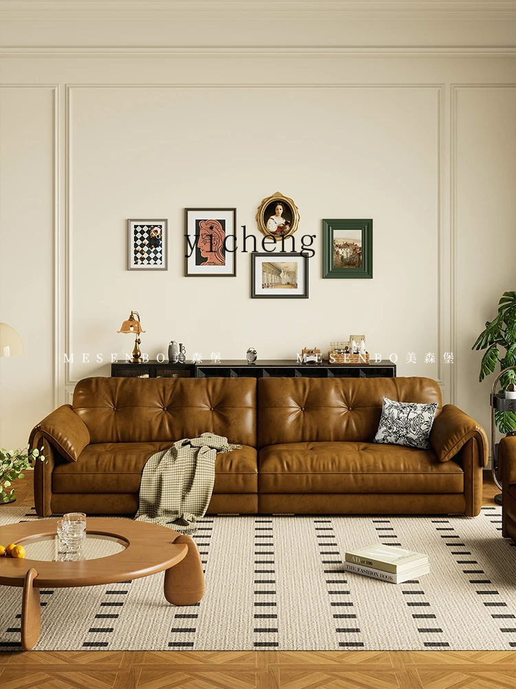 Zc Retro Oil Wax Skin Genuine Leather Sand Large and Small Apartment Type Living Room Straight Row Simple Mid-Ancient Style Sofa