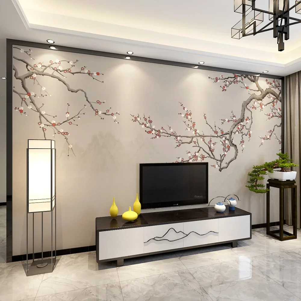 

Customized products New Chinese hand-painted flowers and birds TV background wall living room sofa 3D plum blossom Wallpaper 3D