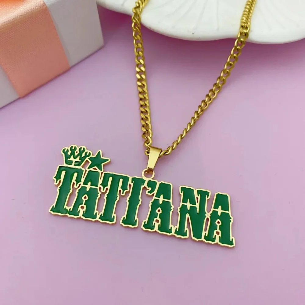 Collar Hip Hop Personalizado con Nombre Verde para Hombre, Joyería de Acero Inoxidable con Impresión UV, Collar con Nombre y Corona, Regalo para Él