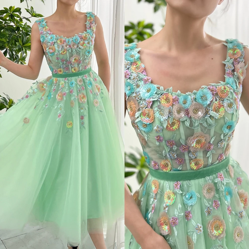 Customized  Exquisite Intricate Square A-line Quinceanera  Applique Beading Anke Length Skirts Organza Evening فستان سهرة