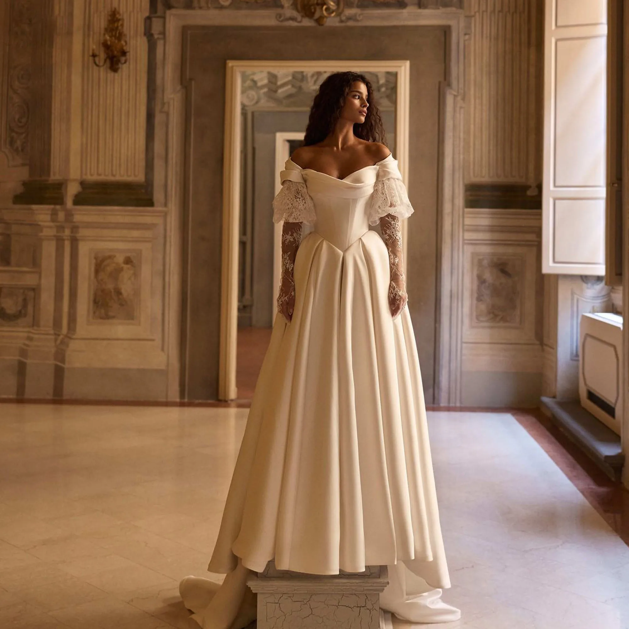 

Satin A-Line Wedding Dresses Off Shoulder Sweetheart Princess Bridal Gown Vestido De Novia Detachable Lace Sleeves Customized