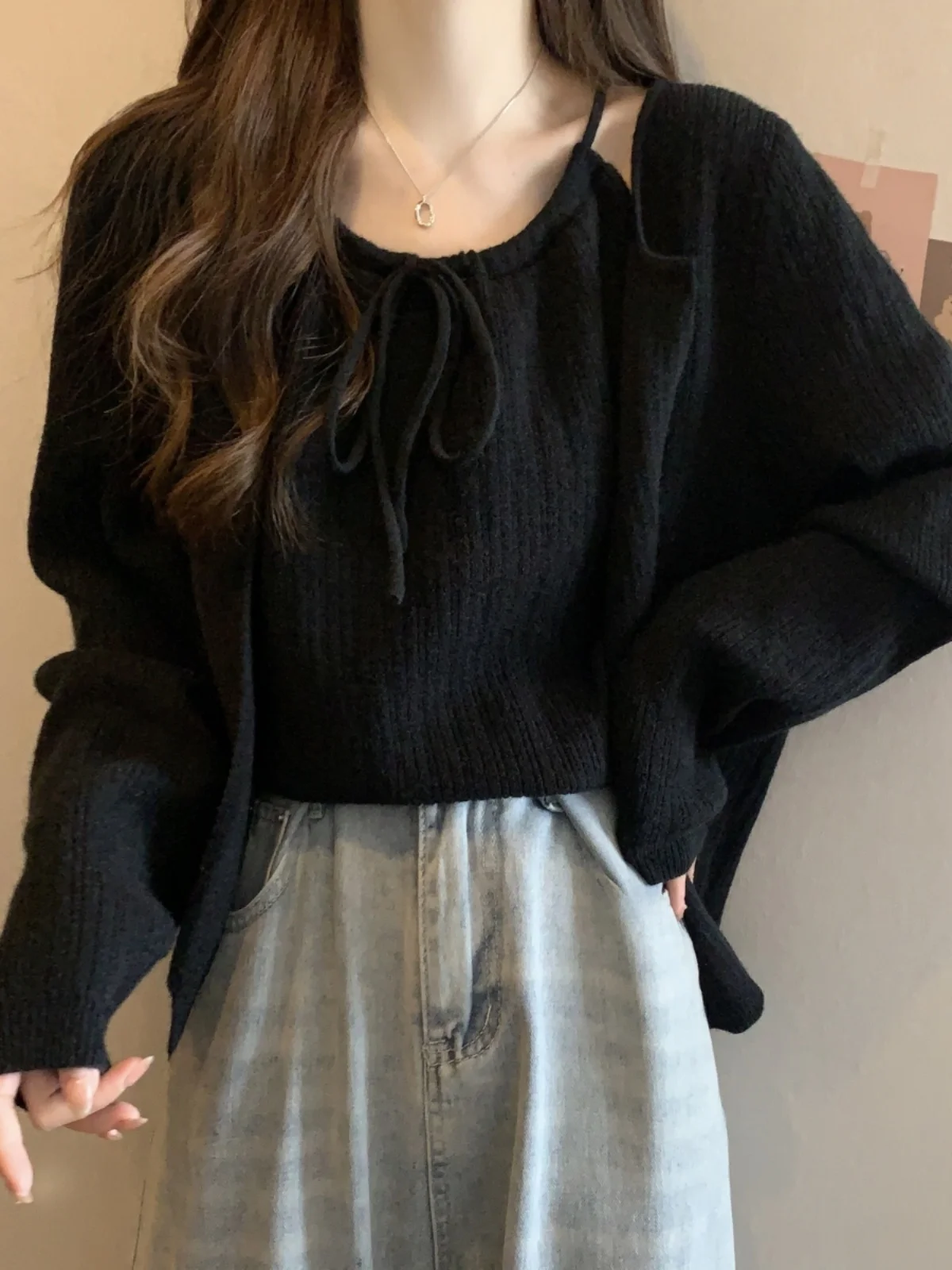 

Осенний комплект больших размеров, женский нежный жилет на бретелях, кардиган с поясом, топ, бот, комплект из двух предметов, универсальный Ele Sle