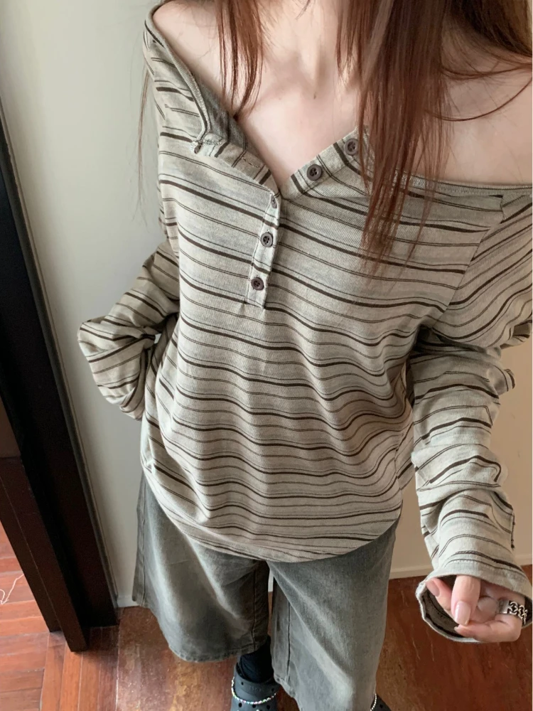 Autunno moda coreana top sottili donna vestibilità ampia manica lunga bottone colletto obliquo strisce casual retrò elegante camicetta pullover