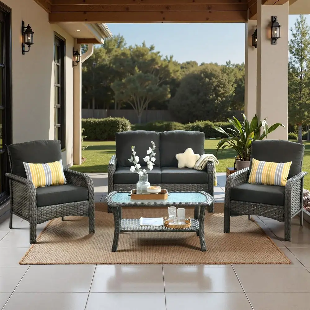 

Всепогодный комплект садовой мебели из ротанга: двухместный диван с высокой спинкой, диван, кресло, журнальный столик, набор из 4 предметов для патио, двора, бассейна