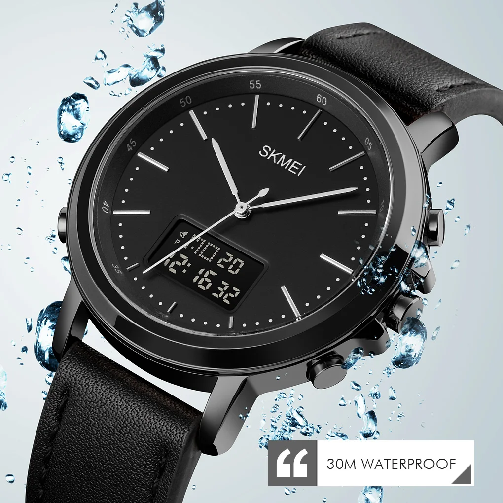 SKMEI 1652 reloj hombre Dual Display Casual Watches Men Chrono Alarm Digital Mens Wristwatch Leather Strap Waterproof Watch