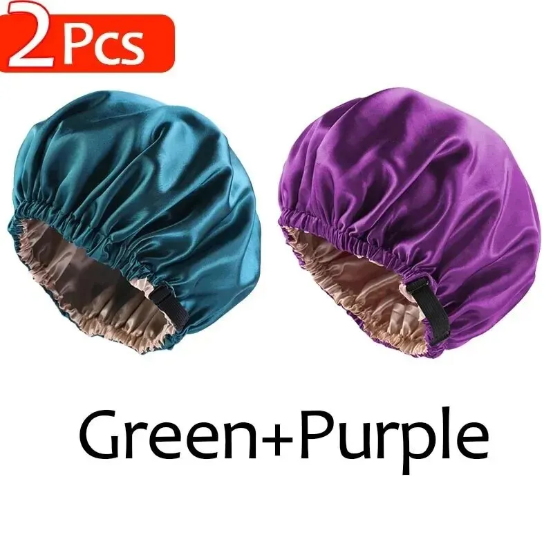 2 buah Set topi Bonnet Satin besar topi tidur malam sutra Bonnet Satin panjang dengan ikat kepala Bonnet tepi bungkus untuk rambut wanita