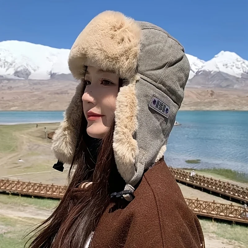 Winter Lei Feng Hat, Unisex, Windproof Ski Hat with Ear Wings, Thick Plush Faux Fur Lining, Canvas Outer Layer, Safety Adjustable Buckle Strap, vintage Y2K Decorative Chain, a Great Gift for family, a Warm Item for Winter