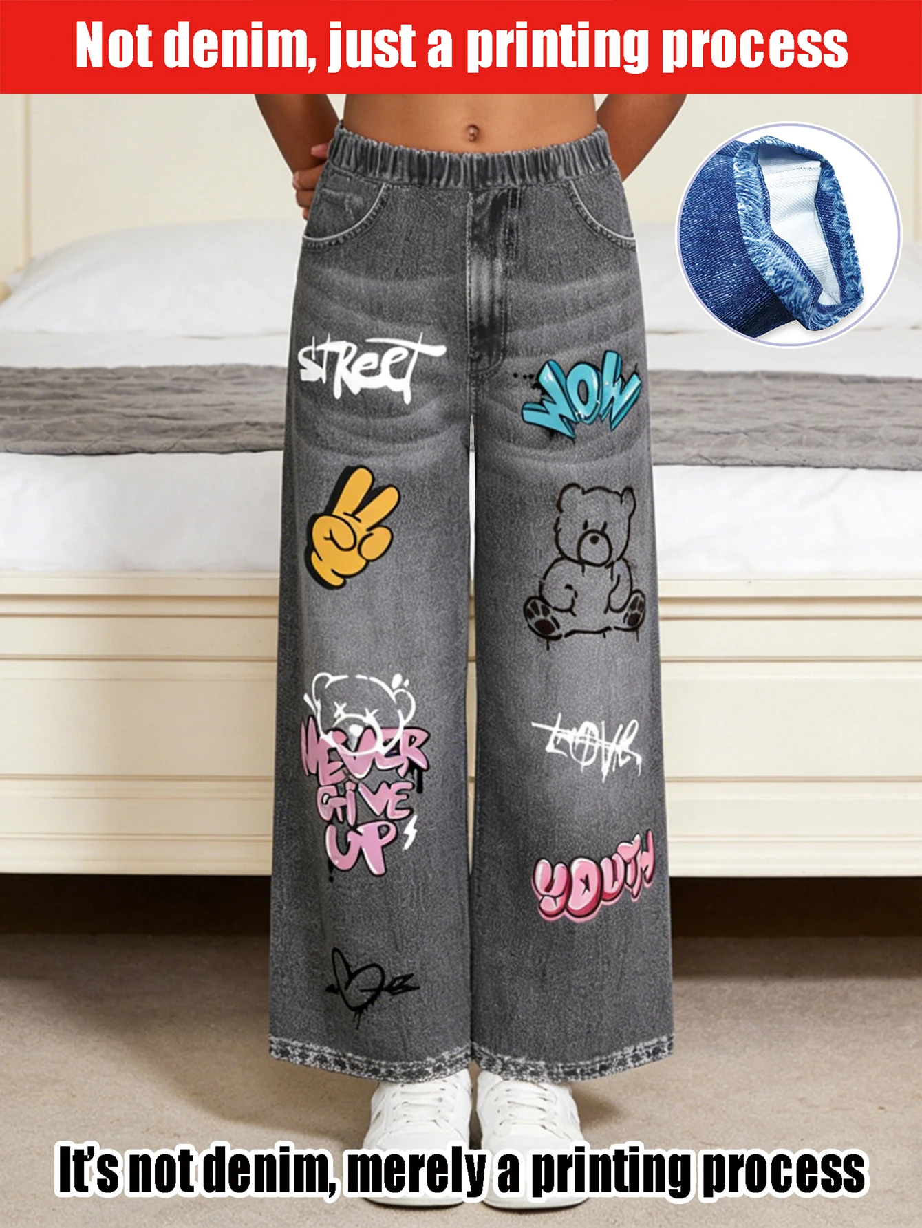 

2026 детские голубые джинсовые брюки с имитацией граффити и мультяшным прямыми штанинами