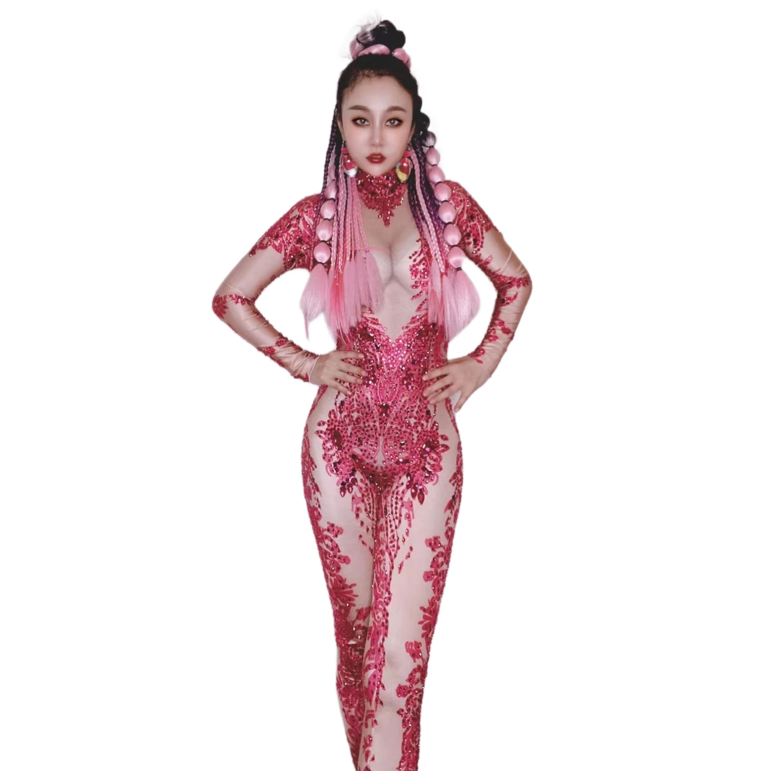 

Crystals Tight-fitting Rompers Stretch Leotard Stage Wear Lady Costume Flower Printing Rose Red Rhinestones Skinny Jumpsuit