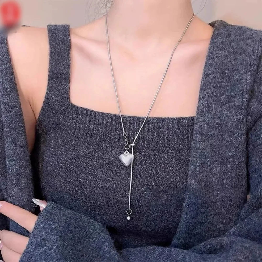 Lange Halskette aus Edelstahl mit Herz-Anhänger, verstellbare Kette, Pullover-Kette für Damen, Modeschmuck, Accessoires
