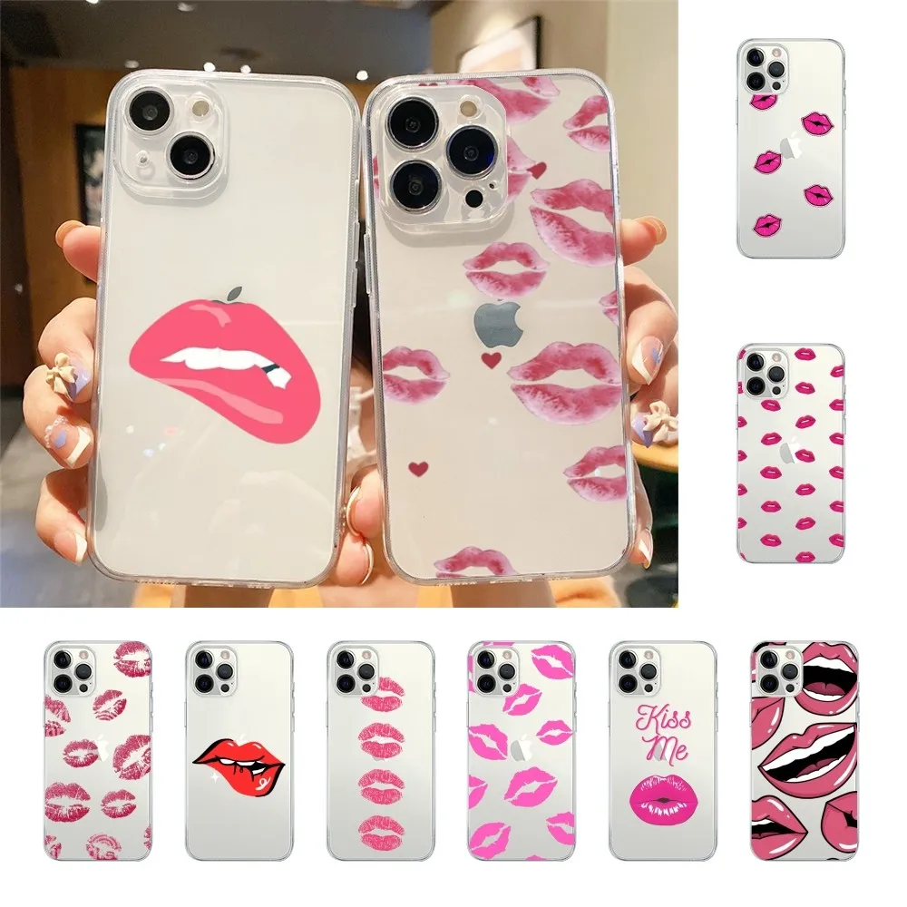 

Sexy Pink lip Kiss Phone Case For Iphone 15 11 13 14 Pro Max 7 8 Plus X Xr Xs Max Se2020 12mini Transparent Cover