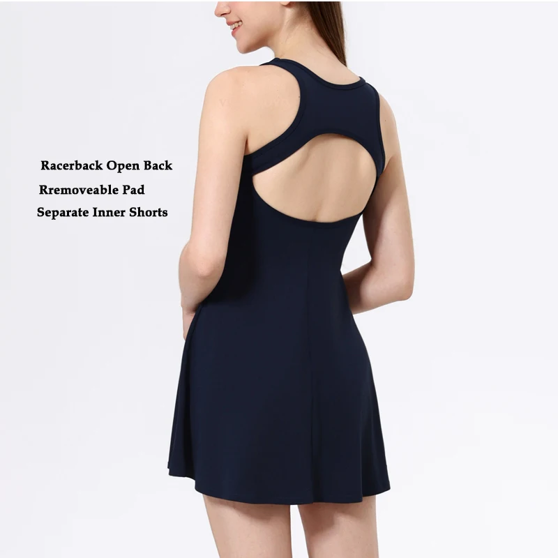 VITALINOVO Zweiteiliges Damen-Tenniskleid mit quadratischem Ausschnitt und Shorts, offener Racerback, integrierter BH, Workout, sportliche Golfkleider – Detail 3