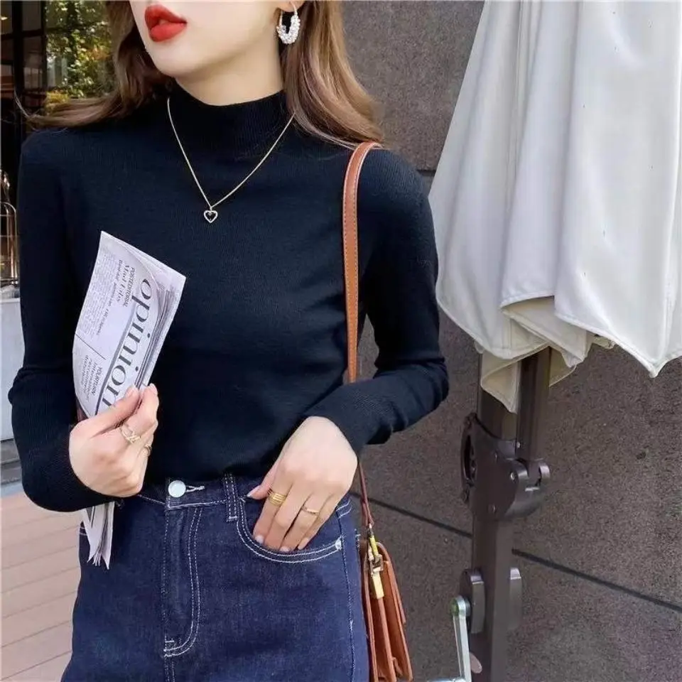 

Women Sweaters Autumn Winter Warm Knitwears Mock-neck Long Sleeve Pullovers Solid Fashion Korean Bottoming Shirts Knit Tops J107