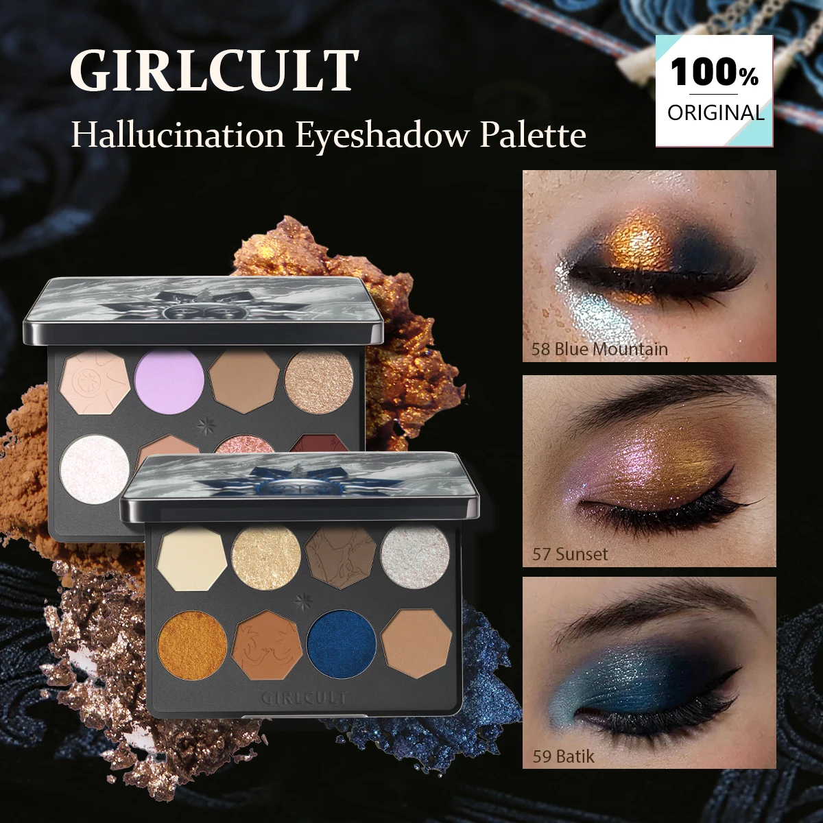 Paleta de sombras de alucinação Girlcult (57-59), 8 cores, textura em pó sedoso, queda fina e mínima, acabamentos foscos e brilhantes