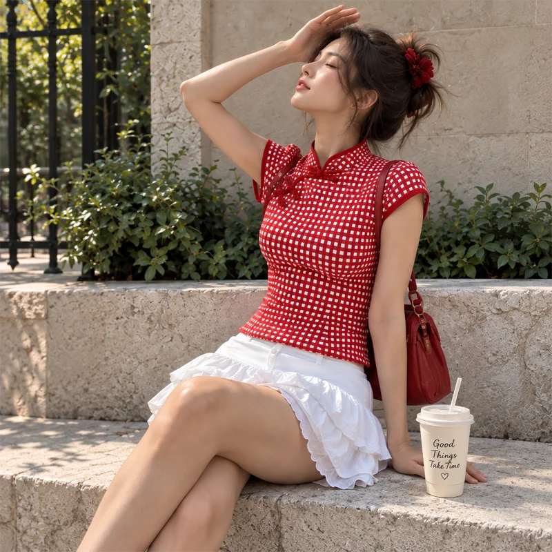 2026 Sommer Neues Damen-Kurzarm-T-Shirt mit Gingham-Karo, Mandarin-Kragen, Froschknopf, Slim Fit, Vintage Chinesischer Stil, Lässiges Oberteil – Detail 9