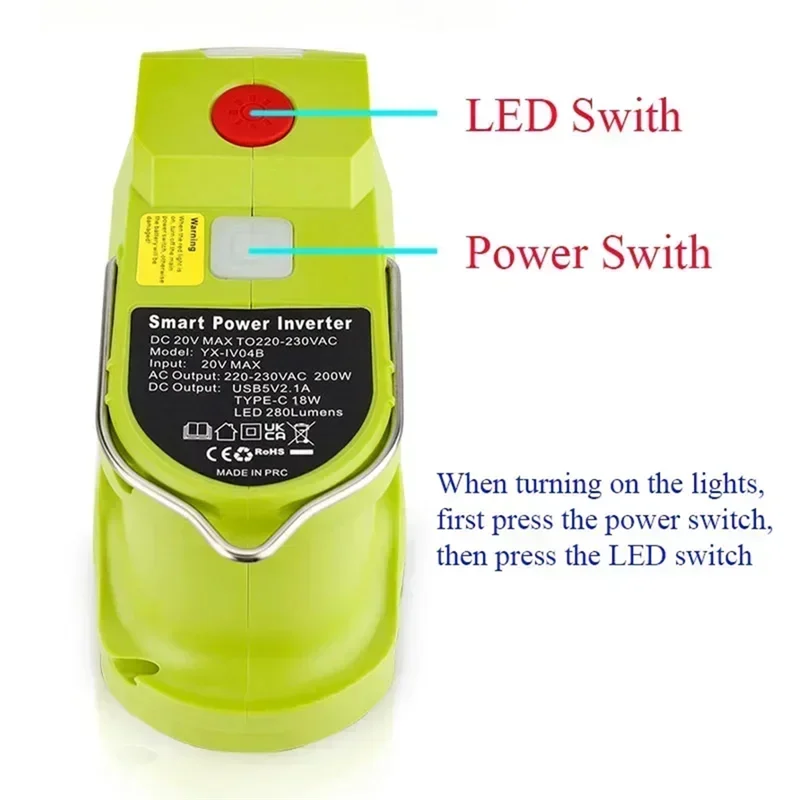 【Venta caliente】inversor de batería de litio de 200W lámpara de trabajo LED banco de energía USB para batería de níquel de litio Ryobi de 18V P102 P103 P104 P107 P108