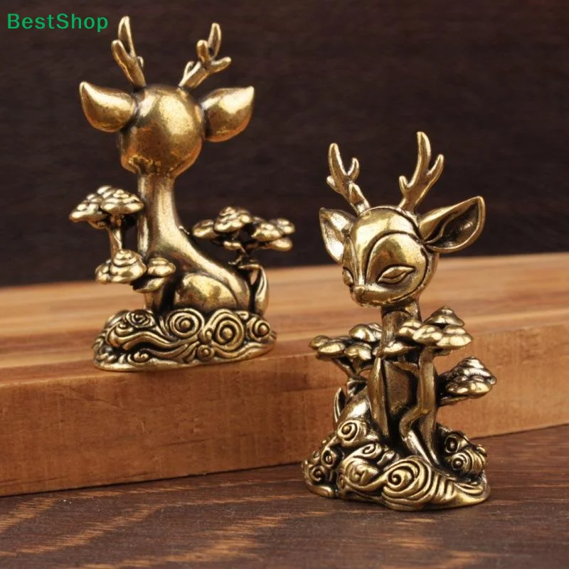 〔Q〕Brass Deer Statue Compact Size Tea Pet Deer Ornament Home Decor Desk Decoration Stable Base For Desktop