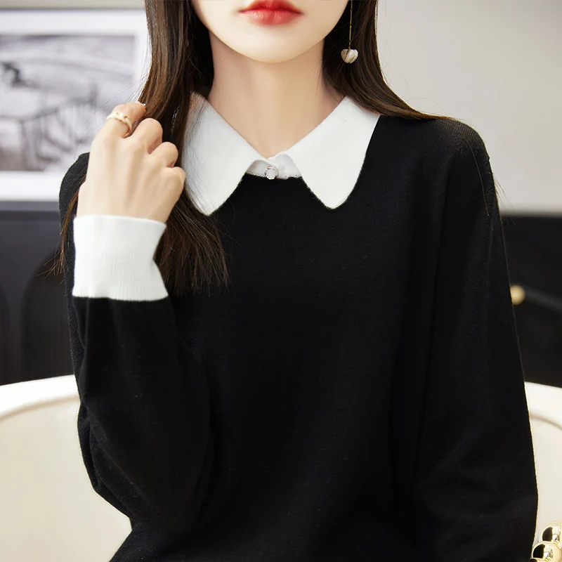 Women 100% Merino Wool Knit Pullovers 2022 Autumn Winter POLO Collar Sweater Female Loose Warm Soft Shirt Long Sleeve Jumper