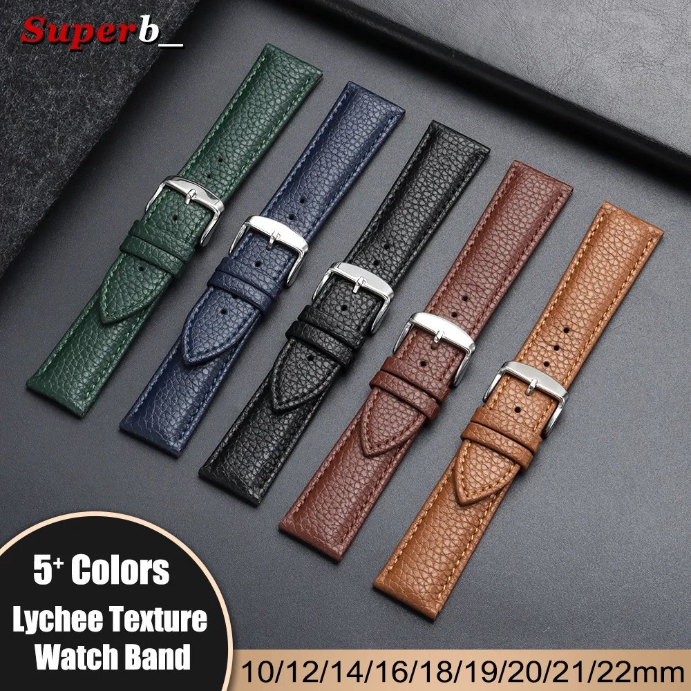 10/12/14/16/18/19/20/21/22mm Litchi Pattern Leather Watch Strap High-quality Watch Band for Men Women Wrist Watchband with Tools